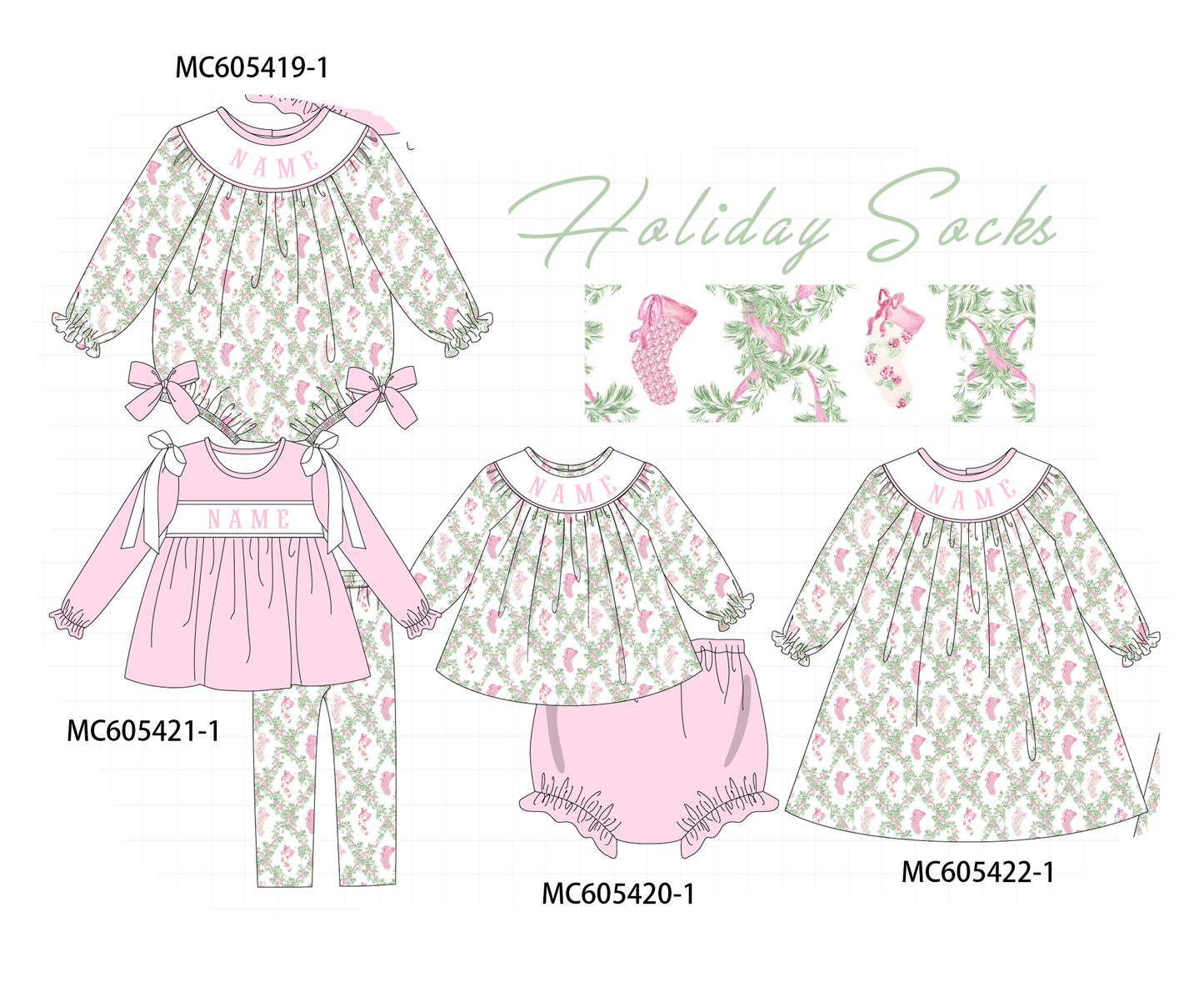 PO93 Pink holiday floral socks monogram embroidery collection